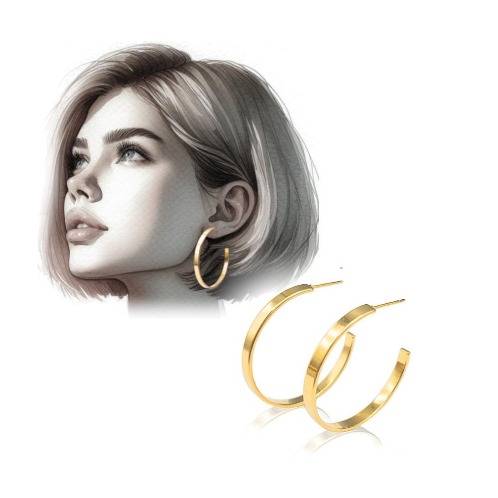 Gold Hoop Earrings, One Pair Flat Open Hoop Earrings, Ellen Hoops, Hypoallergenic, 316L Surgical Steel, Anti-tarnish 18K Gold Plating, with Ear Nuts