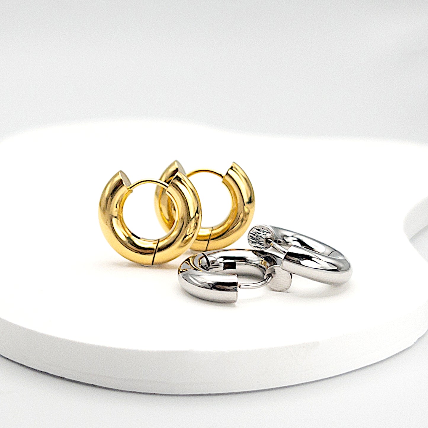 Chunky Huggie Hoop One-Touch Surgical Stainless Steel Earrings, PVD Plating Gold Hoop Earrings, Sleeper Earrings, Hypoallergenic (STER0028G)