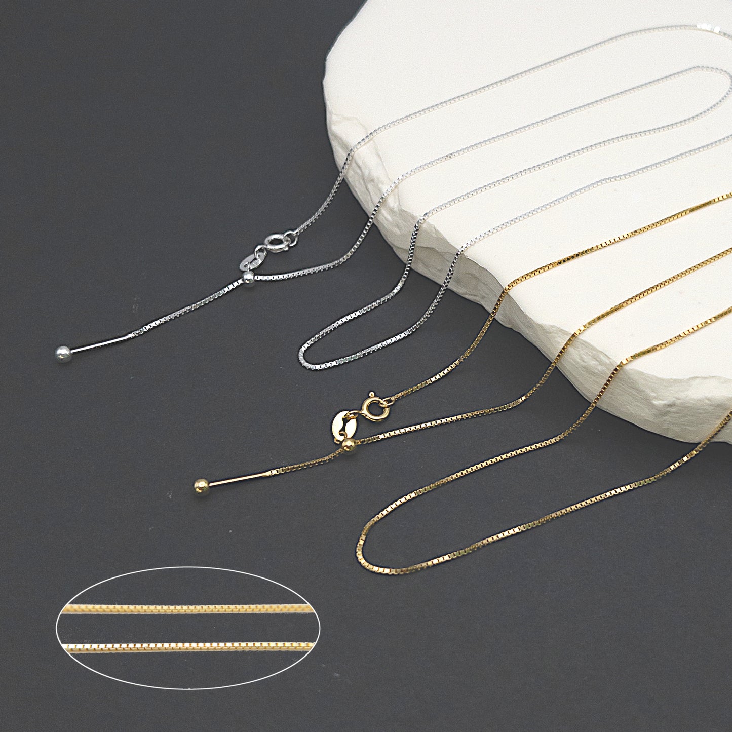 Adjustable 925 Sterling Silver BOX CHAIN Necklace, 0.9mm Threader Necklace with Ball-End, Silver Add a Bead Venetian Necklace (C005G/ C005S)