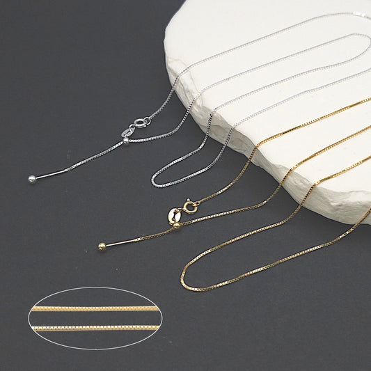 Adjustable 925 Sterling Silver BOX CHAIN Necklace, 0.9mm Threader Necklace with Ball-End, Silver Add a Bead Venetian Necklace (C005G/ C005S)