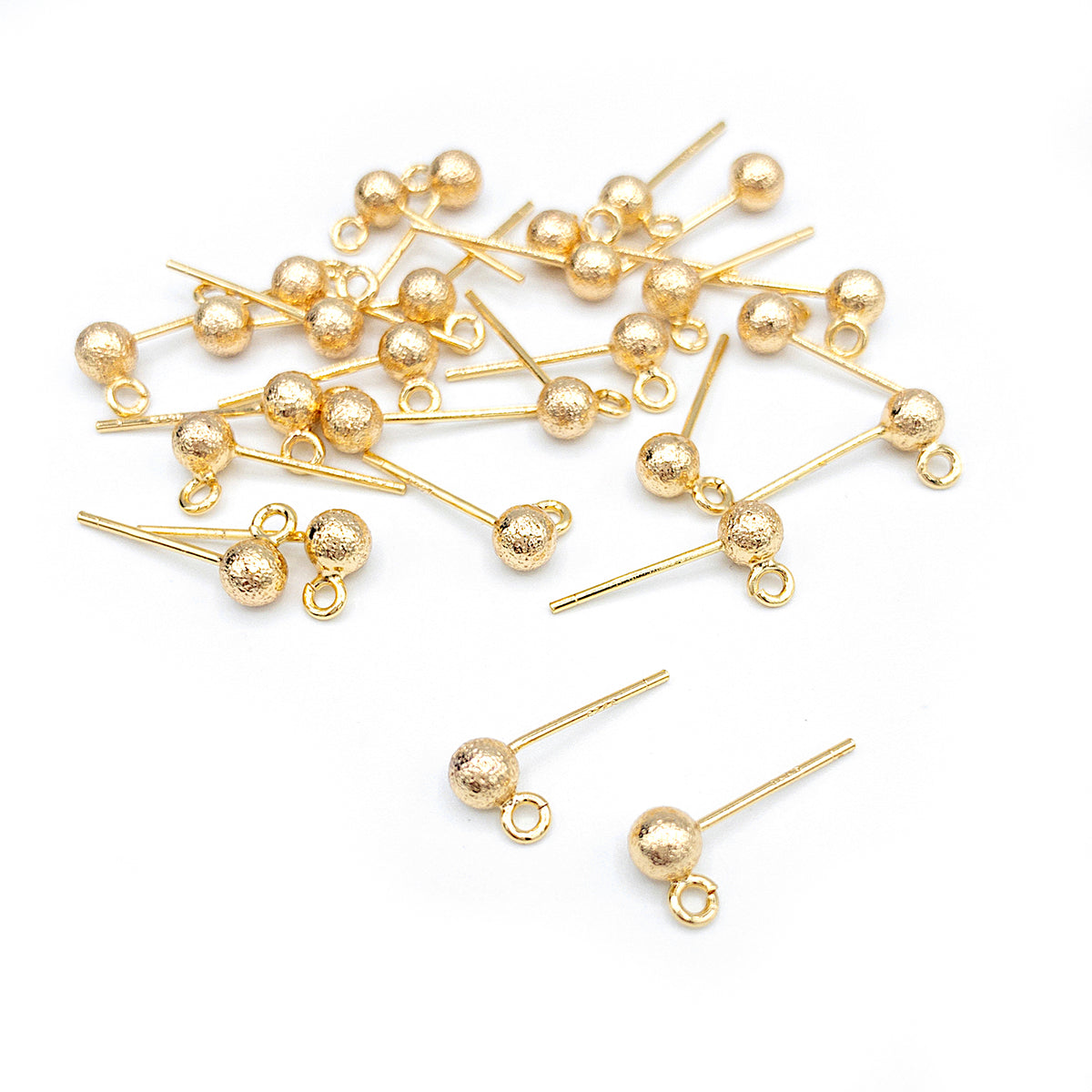 Ball Posts Stud Earring Findings in 18K Gold Plating, STARDUST Finish, 4mm Ball with Loop, Nickel Free, FINAL SALE Packs of 10 Pieces (BRER-0025G)