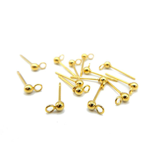 Ball Stud Earring Findings with Loop for Jewelry Making, 3mm Ball, 18K Gold Plated, Stainless Steel Earring Findings, With Ear Nuts, Retail Wholesale (STER-0013AG)