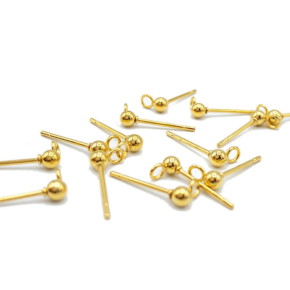 Ball Stud Earring Findings with Loop for Jewelry Making, 3mm Ball, 18K Gold Plated, Stainless Steel Earring Findings, With Ear Nuts, Retail Wholesale (STER-0013AG)