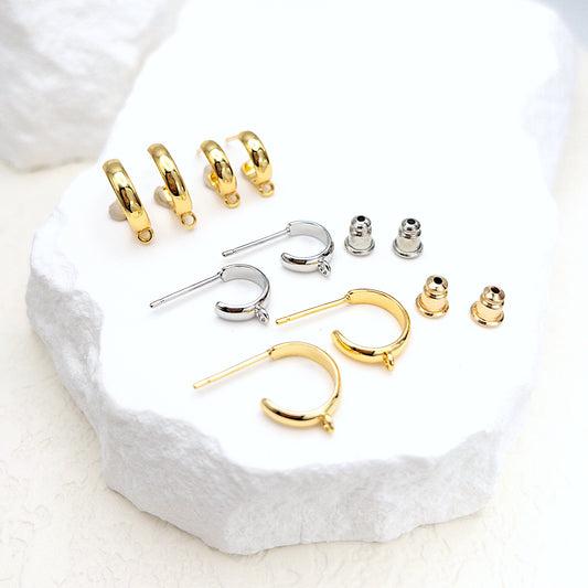 Small C-Shape Studs 10 PCs+ Half-Hoop Stud Earring Findings in 18K Gold Plating with Attachment Ring, Nickel Free Earring Findings for DIY, Wholesale