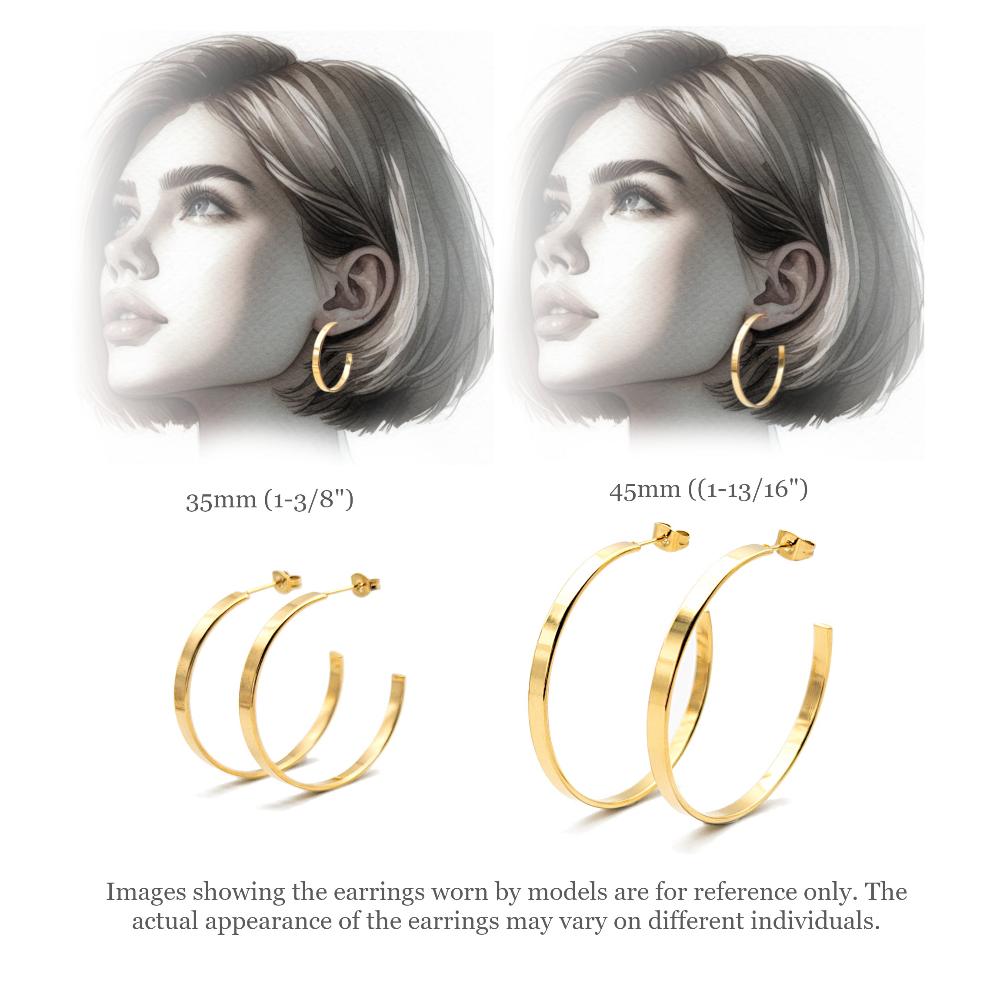 Gold Hoop Earrings, One Pair Flat Open Hoop Earrings, Ellen Hoops, Hypoallergenic, 316L Surgical Steel, Anti-tarnish 18K Gold Plating, with Ear Nuts