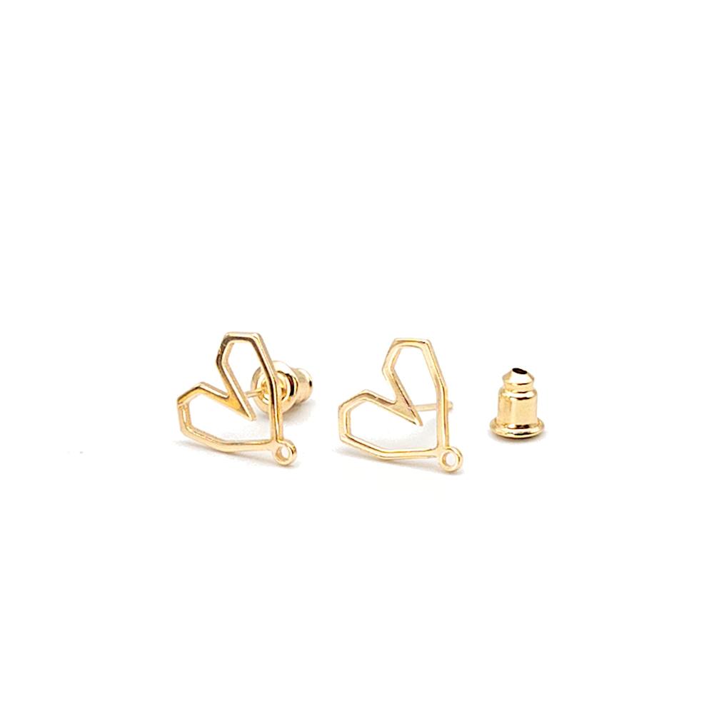 Geometric Hollow Heart Stud Earring with Loop, 10 Pieces, Small Heart Earring Findings, Lead & Nickel Free with 14K Gold Plating, Wholesale Welcome