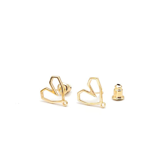 Geometric Hollow Heart Stud Earring with Loop, 10 Pieces, Small Heart Earring Findings, Lead & Nickel Free with 14K Gold Plating, Wholesale Welcome