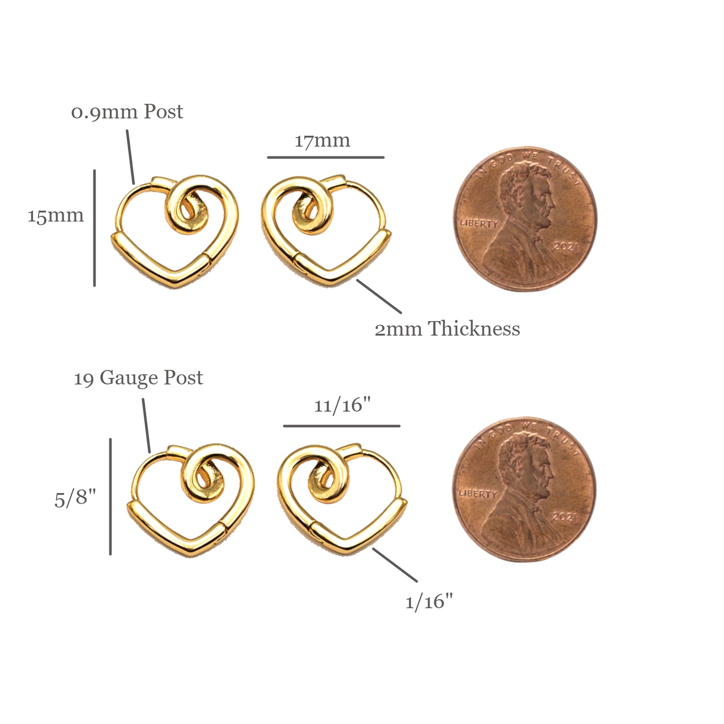 Spiral Heart Earrings 10 Pieces in Durable 18K Gold Plated, Lead and Nickle Free, Modern Twisted Heart Hoop Earrings for Girl Women, US Seller