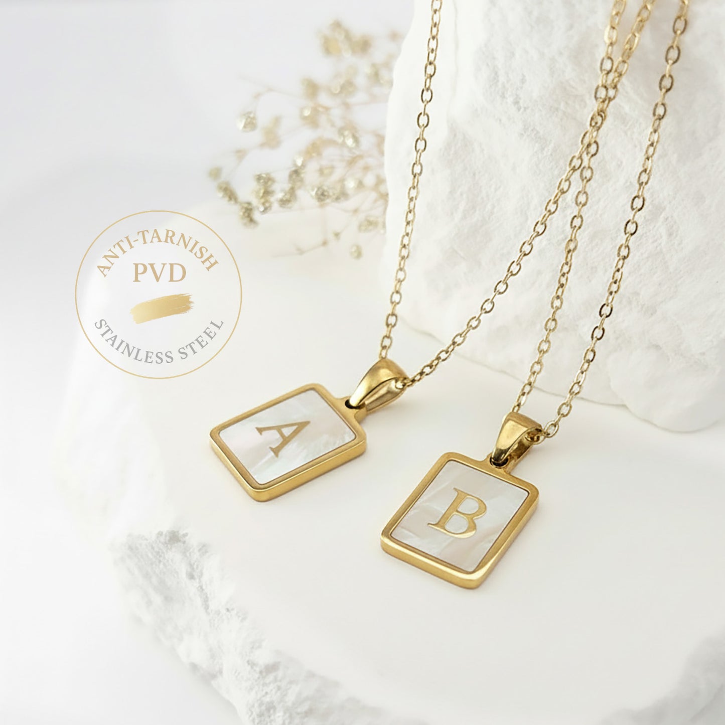 Mother of Pearl Initial Necklace (A–Z), Non-allergy Stainless Steel in Long Lasting & Waterproof 18K Gold 16-inch Cable Chain with Extender