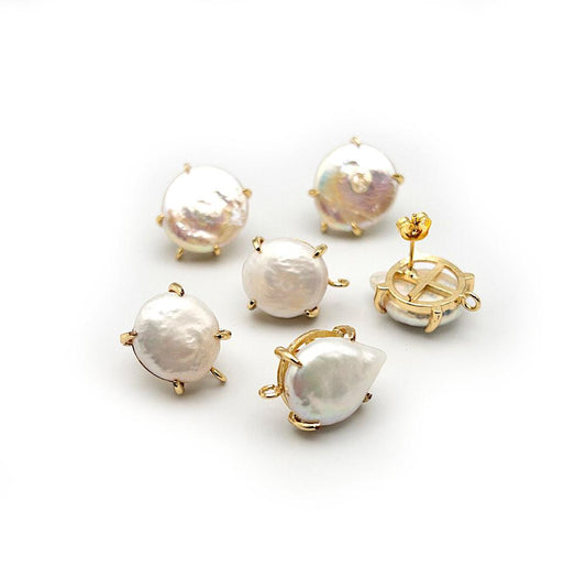 Round Cultured Pearl Stud Earring Findings with Loop for Making Drop & Dangle Earring, With Ear Nut, Lead and Nickel Free 18K Gold Plating