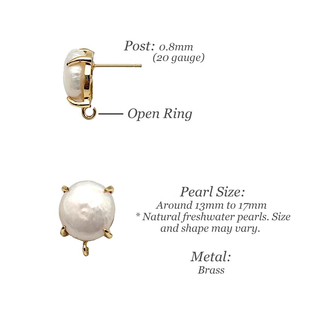 Round Cultured Pearl Stud Earring Findings with Loop for Making Drop & Dangle Earring, With Ear Nut, Lead and Nickel Free 18K Gold Plating