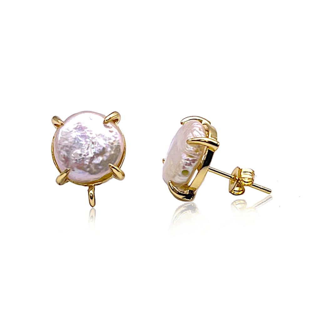 Round Cultured Pearl Stud Earring Findings with Loop for Making Drop & Dangle Earring, With Ear Nut, Lead and Nickel Free 18K Gold Plating