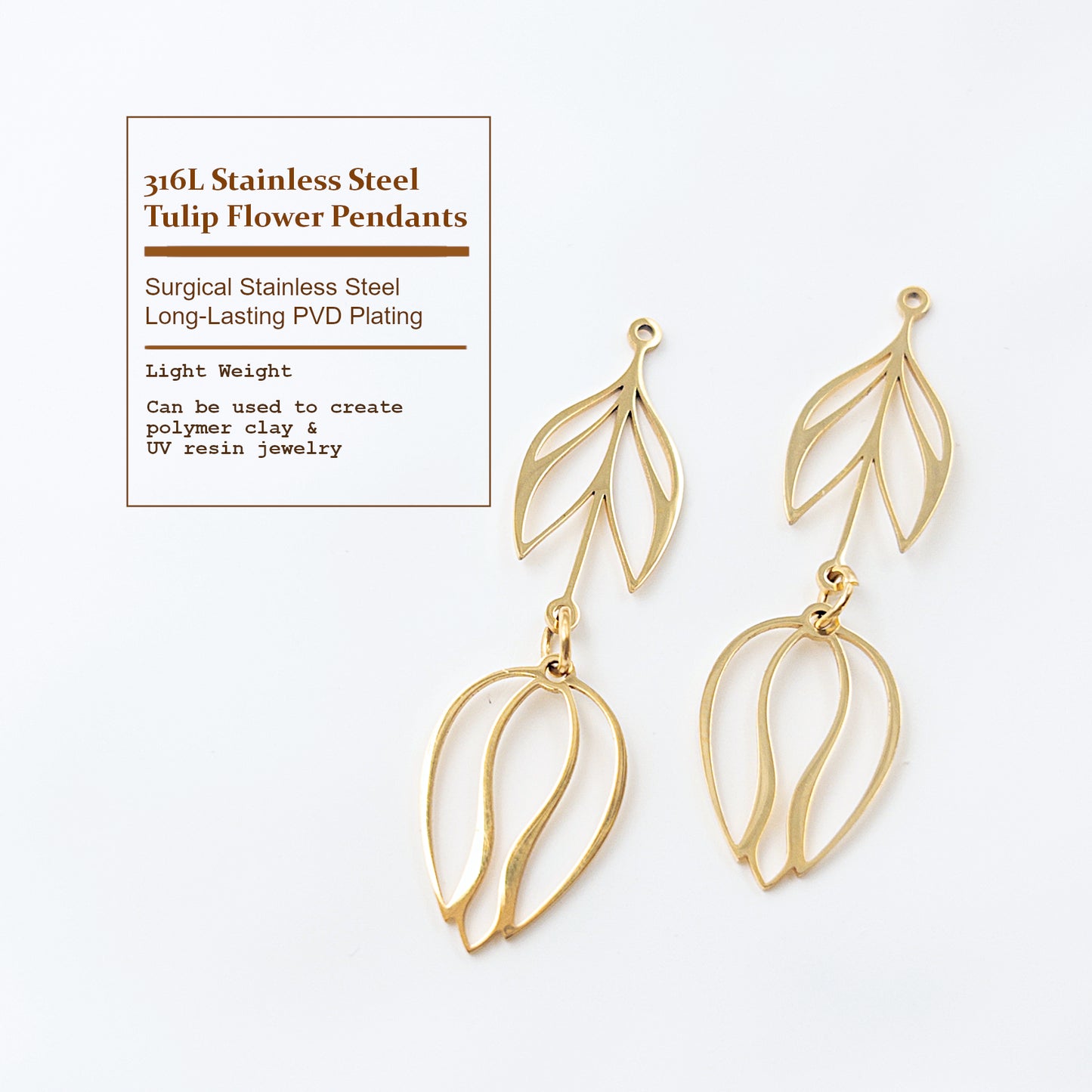 Tulip Flower Pendants, Metal Bezel Frame Settings for UV Resin Jewelry and Clay Jewelry, Floral Resin Jewelry, 316L Steel, PVD Gold Plated