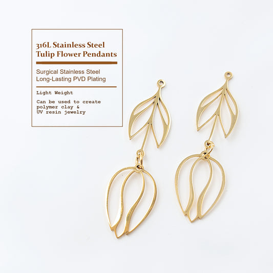 Tulip Flower Pendants, Metal Bezel Frame Settings for UV Resin Jewelry and Clay Jewelry, Floral Resin Jewelry, 316L Steel, PVD Gold Plated