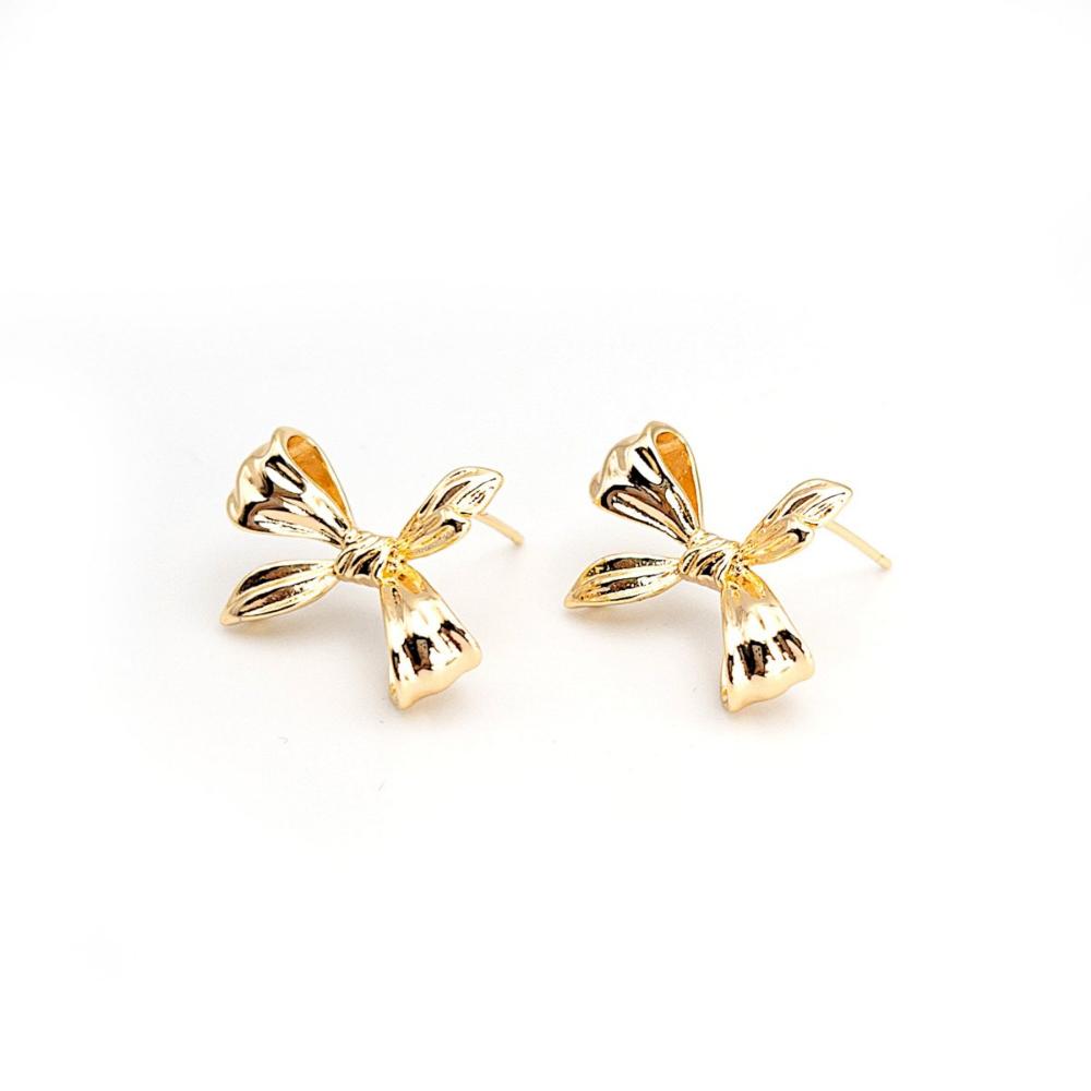 Bow Tie Stud Earring Findings for Jewelry Making, Earring Parts with Loop, Lead Nickel Free, 18K Gold Plated