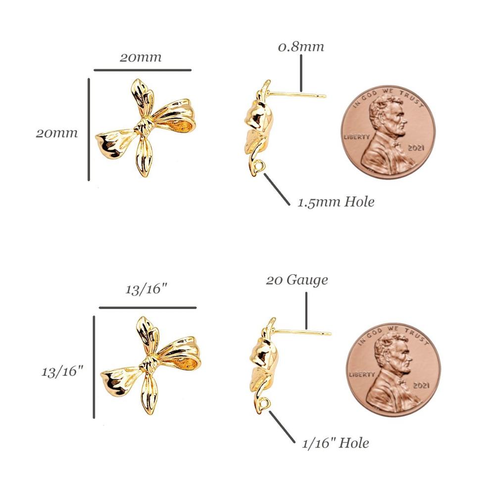 Bow Tie Stud Earring Findings for Jewelry Making, Earring Parts with Loop, Lead Nickel Free, 18K Gold Plated