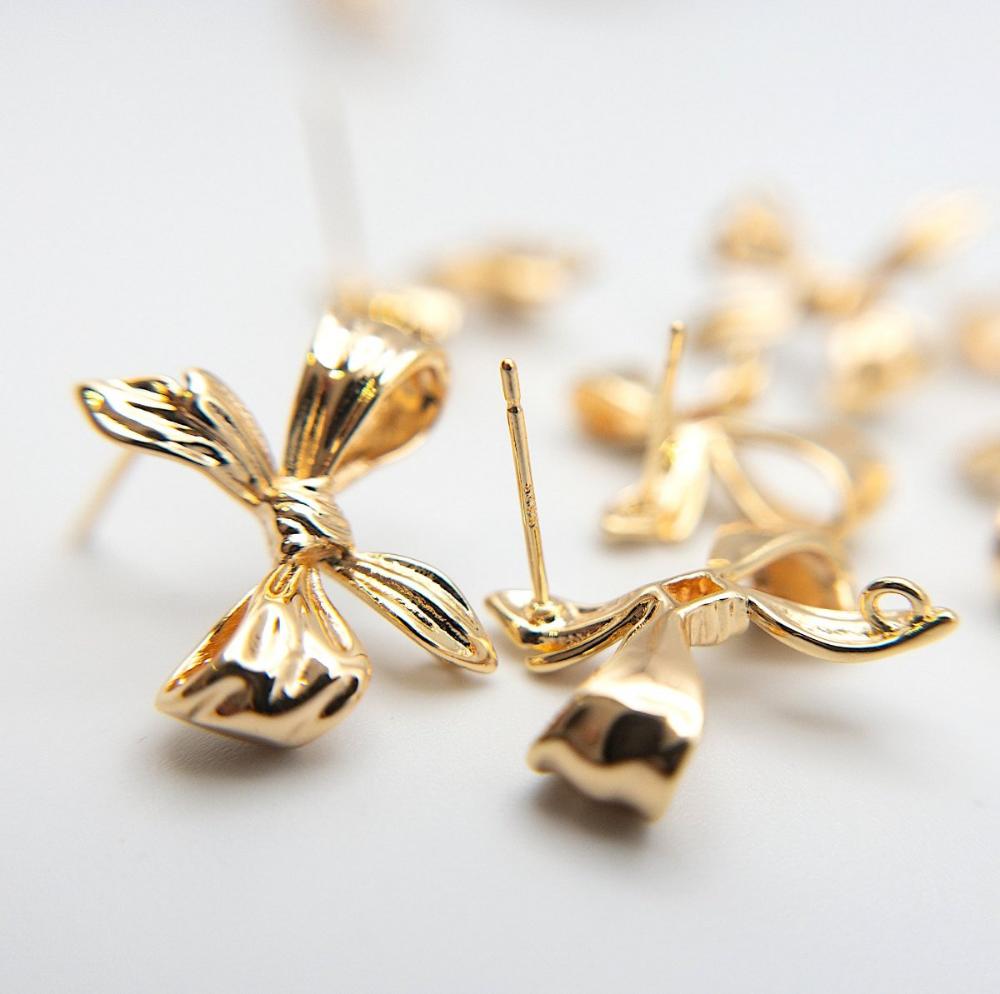 Bow Tie Stud Earring Findings for Jewelry Making, Earring Parts with Loop, Lead Nickel Free, 18K Gold Plated