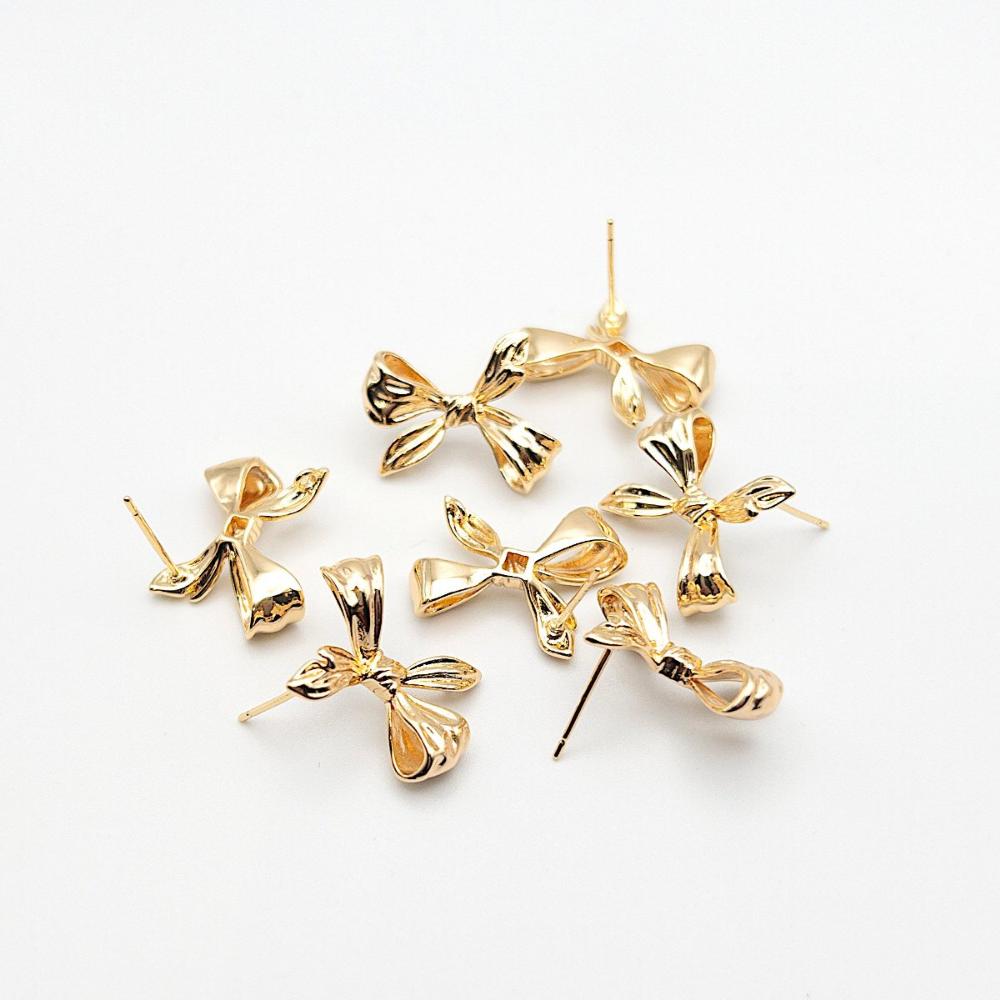 Bow Tie Stud Earring Findings for Jewelry Making, Earring Parts with Loop, Lead Nickel Free, 18K Gold Plated