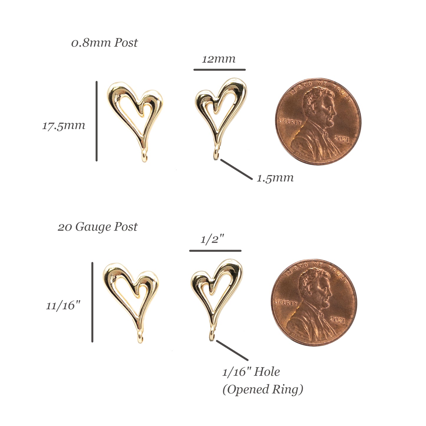 Heart Stud Earring Findings with Loop for Jewelry Making, Lead and Nickel Free with 14K Gold Plated, Wholesale Earring Findings, 10 Pieces