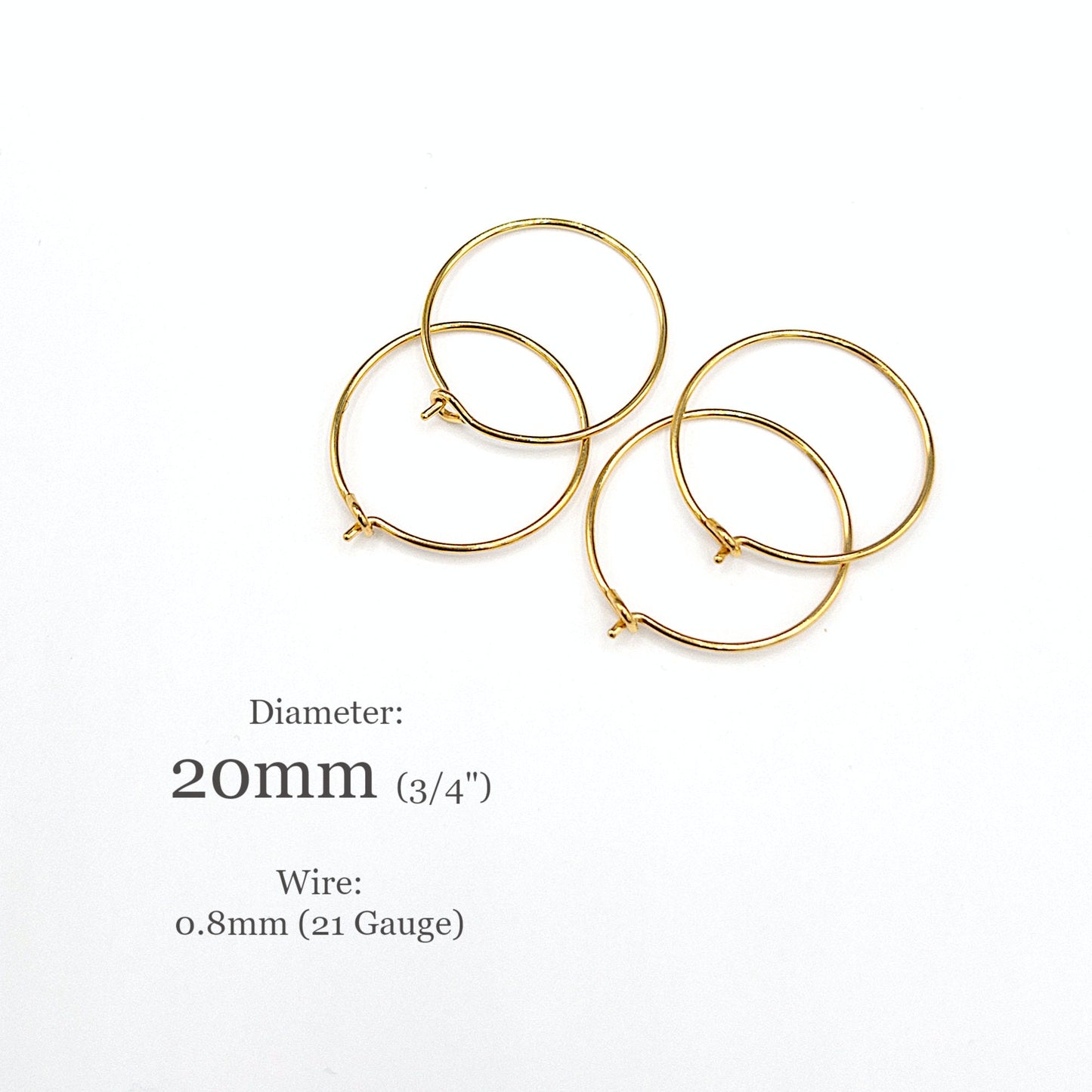 HOOP Earrings, 10PCs+ Hypoallergenic Surgical Steel Wine Glass Earring in 18K PVD Gold Plating and Polished Tip, 15 and 20mm, US Seller