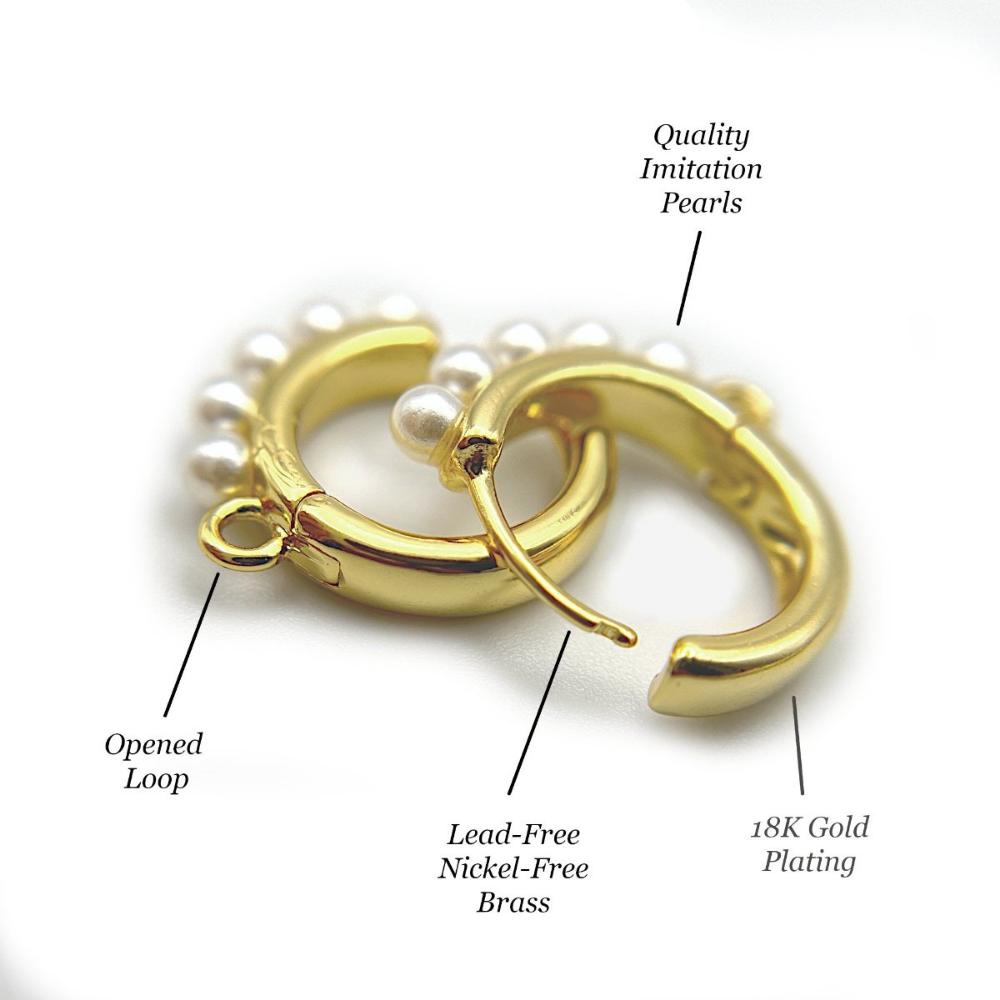 Pearl Huggie Hoop Earring Findings, One-Touch Hoop in Anti-Tarnish 18K Gold Plating, Earring Hoop with Ring/ Loop, Nickel & Lead Free - UniqueBeadsNY