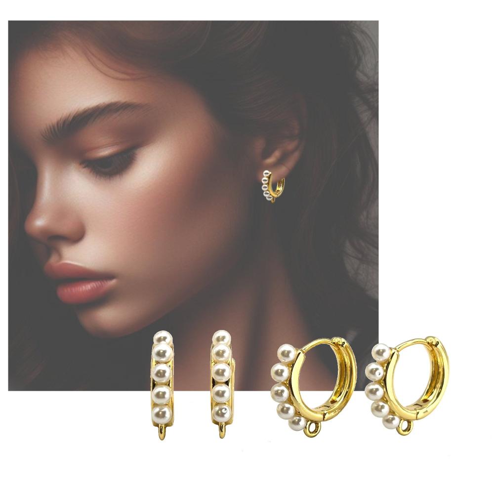 Pearl Huggie Hoop Earring Findings, One-Touch Hoop in Anti-Tarnish 18K Gold Plating, Earring Hoop with Ring/ Loop, Nickel & Lead Free - UniqueBeadsNY