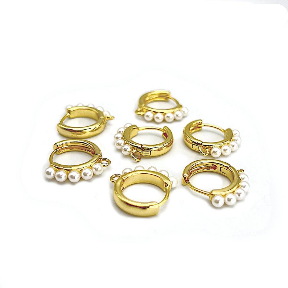 Pearl Huggie Hoop Earring Findings, One-Touch Hoop in Anti-Tarnish 18K Gold Plating, Earring Hoop with Ring/ Loop, Nickel & Lead Free - UniqueBeadsNY