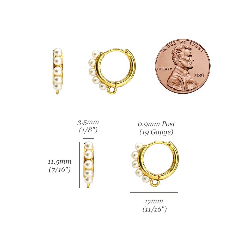 Pearl Huggie Hoop Earring Findings, One-Touch Hoop in Anti-Tarnish 18K Gold Plating, Earring Hoop with Ring/ Loop, Nickel & Lead Free - UniqueBeadsNY