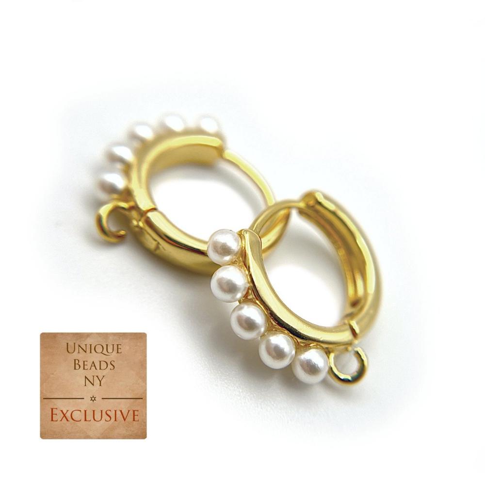 Pearl Huggie Hoop Earring Findings, One-Touch Hoop in Anti-Tarnish 18K Gold Plating, Earring Hoop with Ring/ Loop, Nickel & Lead Free - UniqueBeadsNY