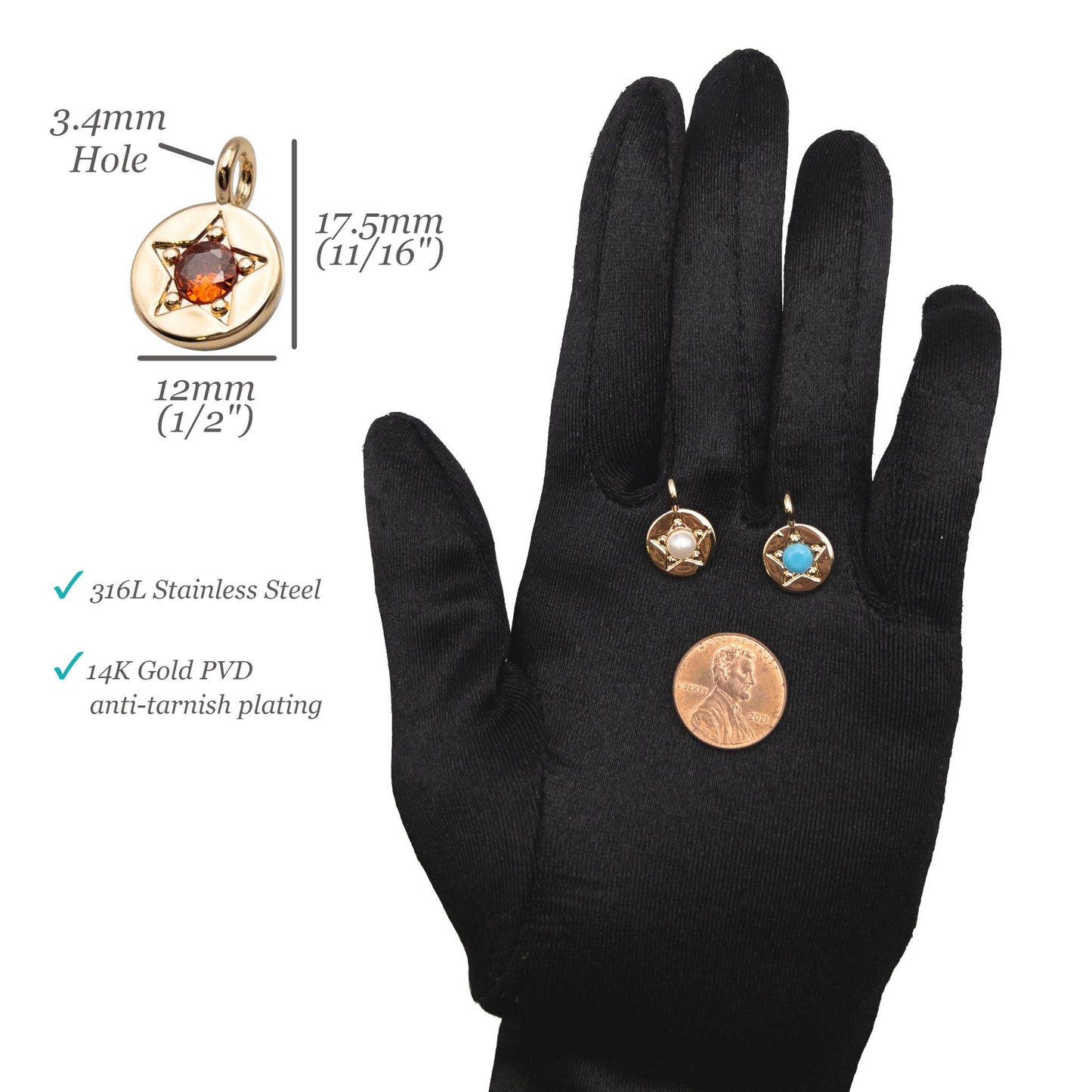 Birthstone Pendants, 1 PC Round CZ Charms with 12 Birthstone Colors, Hypoallergenic Stainless Steel with 14K Gold PVD Plating