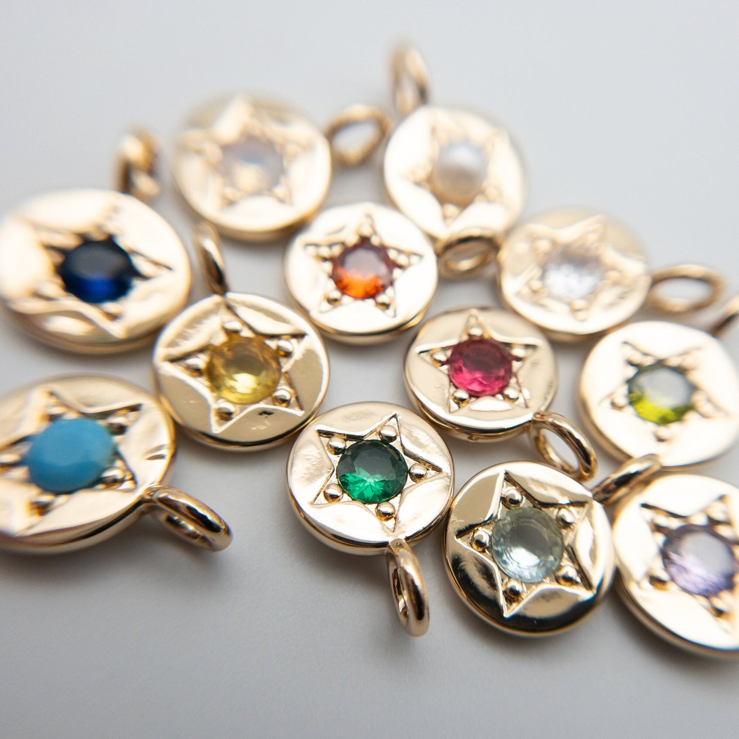 Birthstone Pendants, 1 PC Round CZ Charms with 12 Birthstone Colors, Hypoallergenic Stainless Steel with 14K Gold PVD Plating