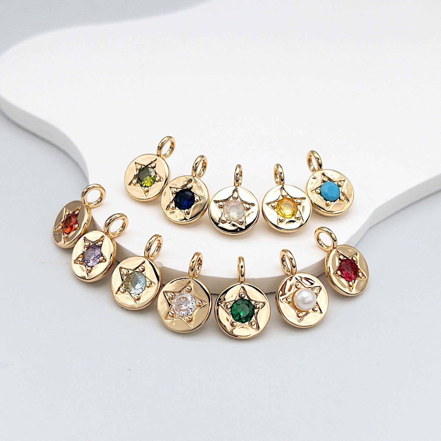 Birthstone Pendants, 1 PC Round CZ Charms with 12 Birthstone Colors, Hypoallergenic Stainless Steel with 14K Gold PVD Plating