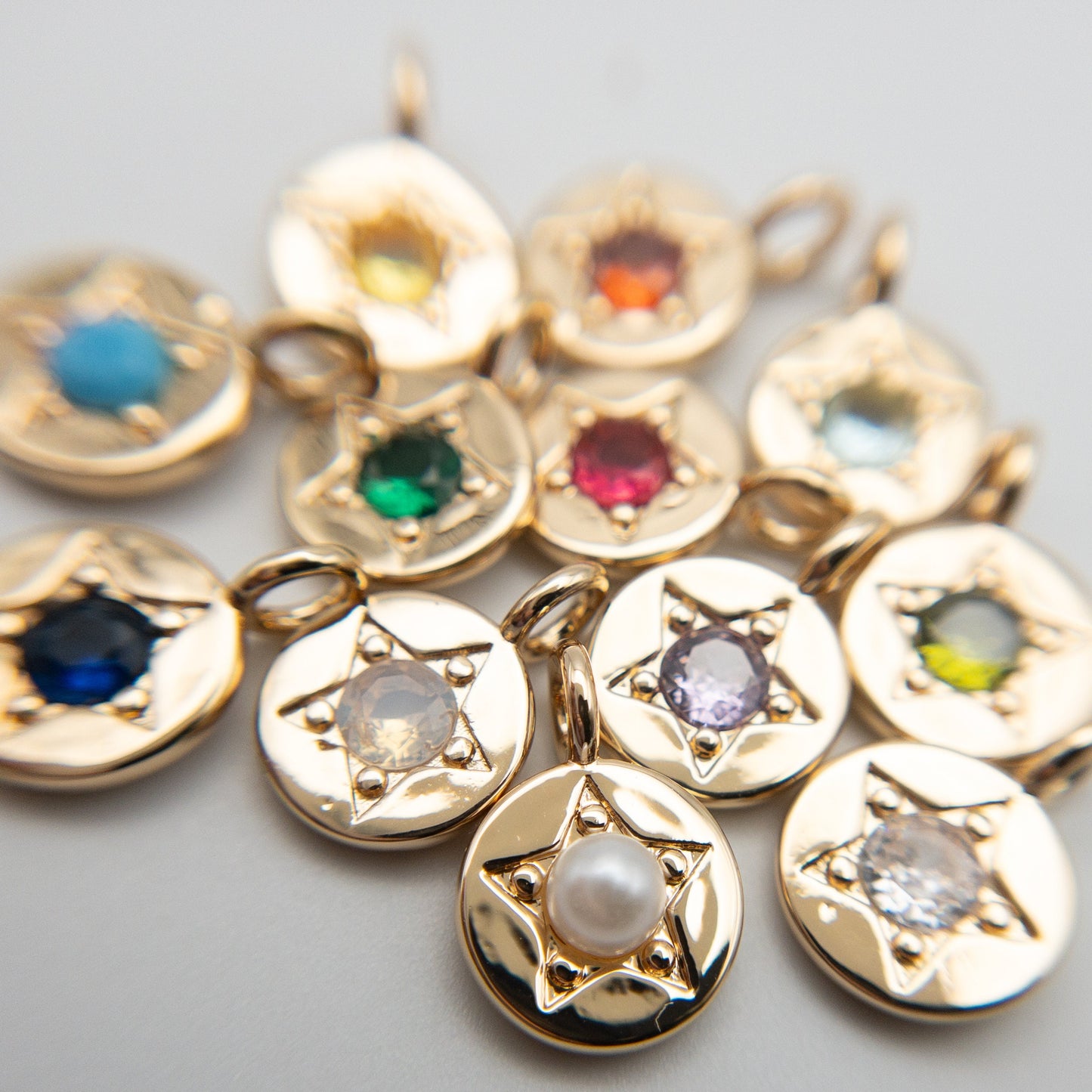 Birthstone Pendants, 1 PC Round CZ Charms with 12 Birthstone Colors, Hypoallergenic Stainless Steel with 14K Gold PVD Plating