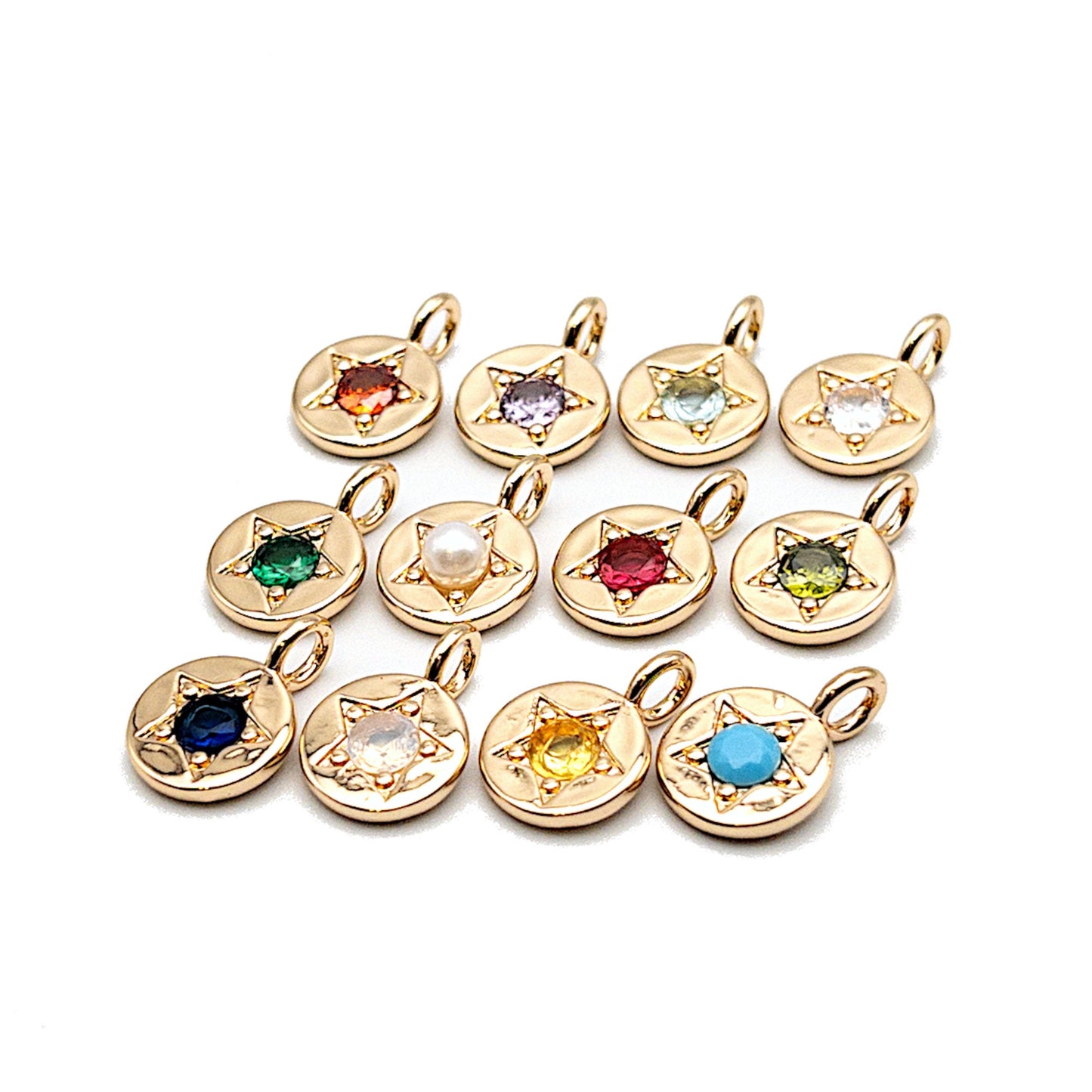 Birthstone Pendants, 1 PC Round CZ Charms with 12 Birthstone Colors, Hypoallergenic Stainless Steel with 14K Gold PVD Plating