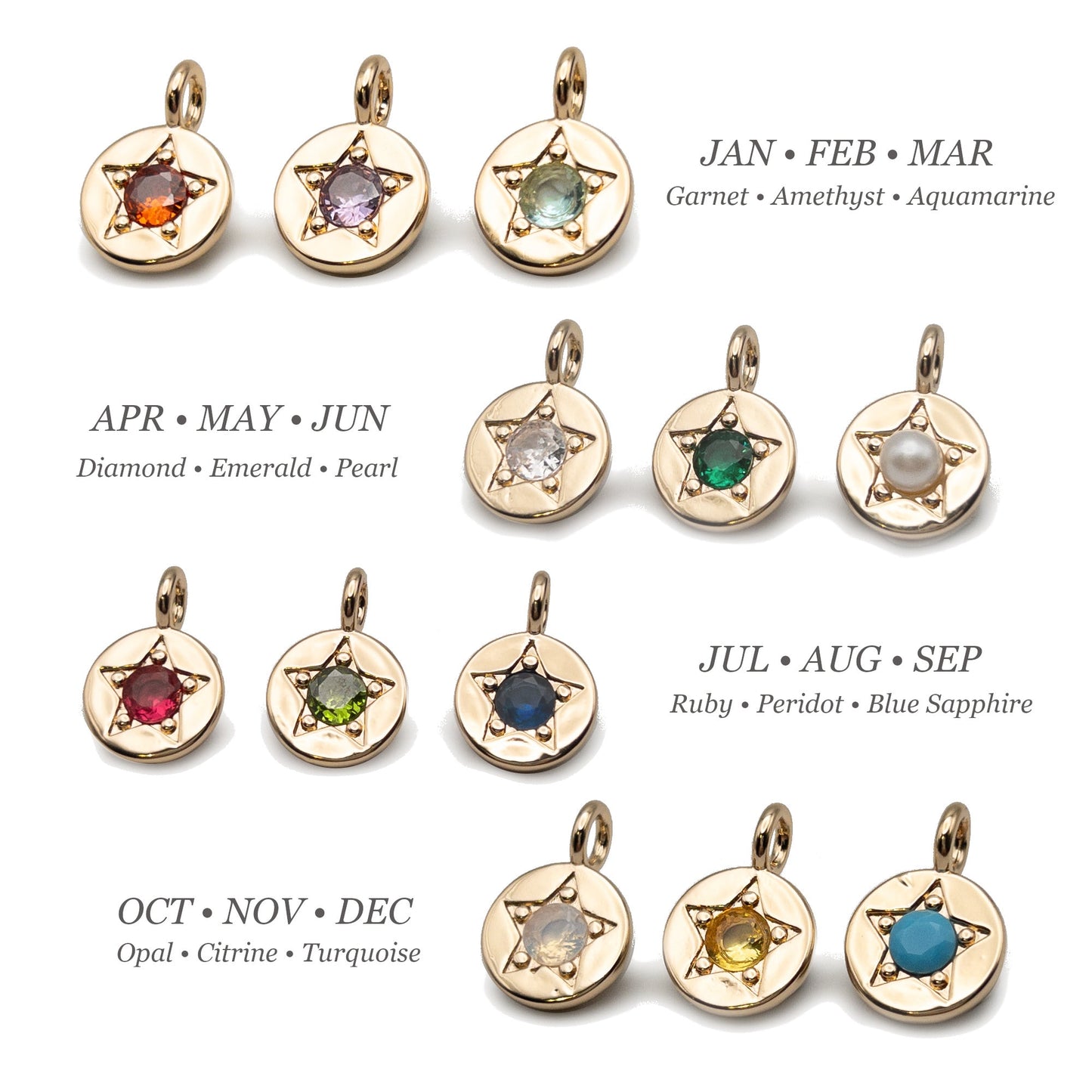 Birthstone Pendants, 1 PC Round CZ Charms with 12 Birthstone Colors, Hypoallergenic Stainless Steel with 14K Gold PVD Plating