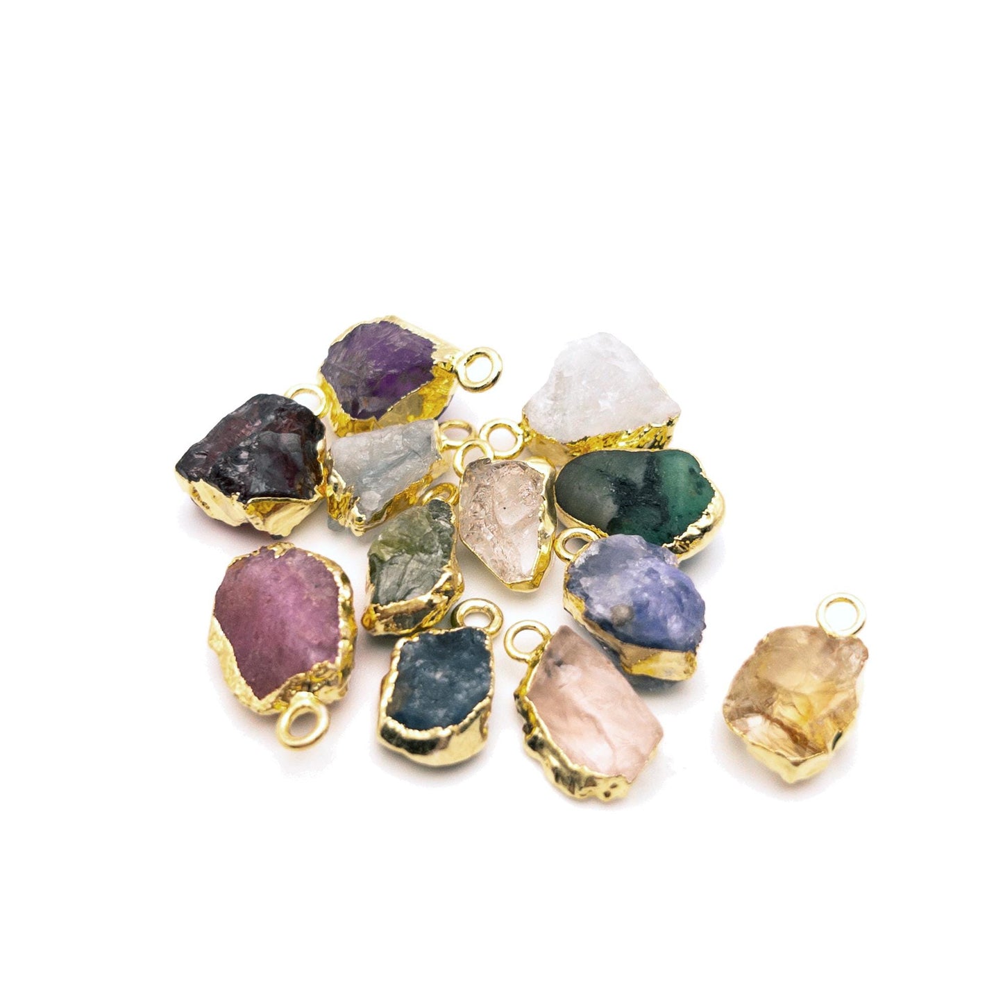 Raw Gemstone Pendants, 2PCs Rough Cut Birthstone Charm with 24K Gold Plated, for DIY Personalized Birthstone Jewelry Gifts & Crafting