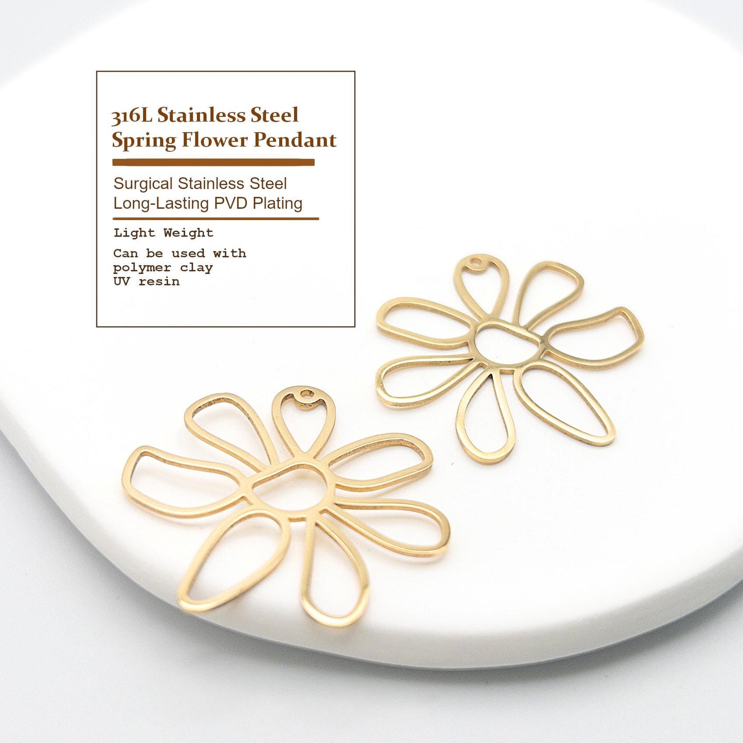 Daisy Flower Charm, 2PC Allergy Free Stainless April Birth Flower Charm in Anti-tarnish Waterproof 18K PVD Gold for DIY Earring & Necklace