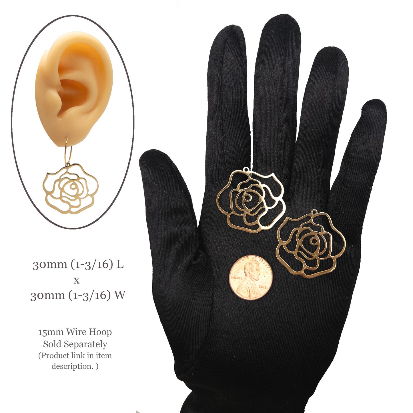 Rose Flower Charms, 2PC Allergy Free Stainless Steel Open Rose Charms in Long-lasting and Waterproof 18K Gold PVD Plating for DIY Jewelry