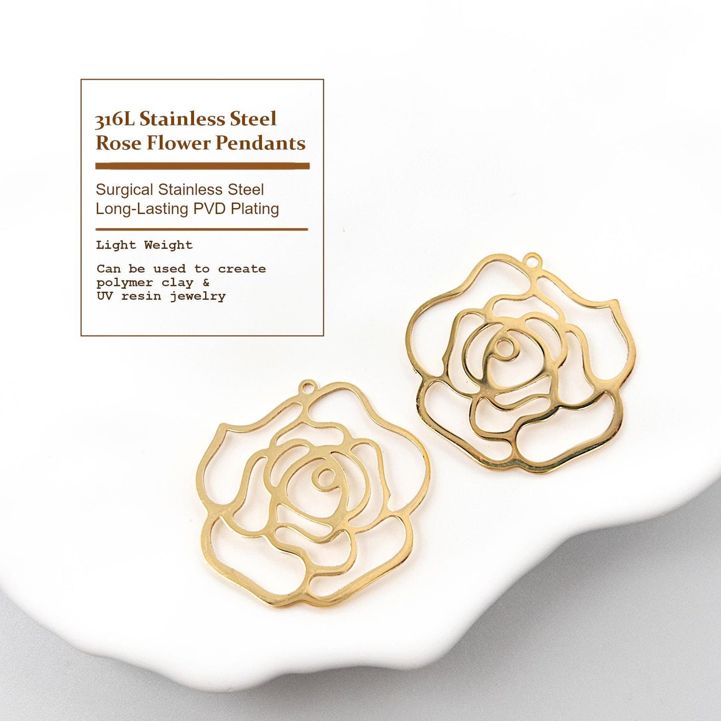 Rose Flower Charms, 2PC Allergy Free Stainless Steel Open Rose Charms in Long-lasting and Waterproof 18K Gold PVD Plating for DIY Jewelry