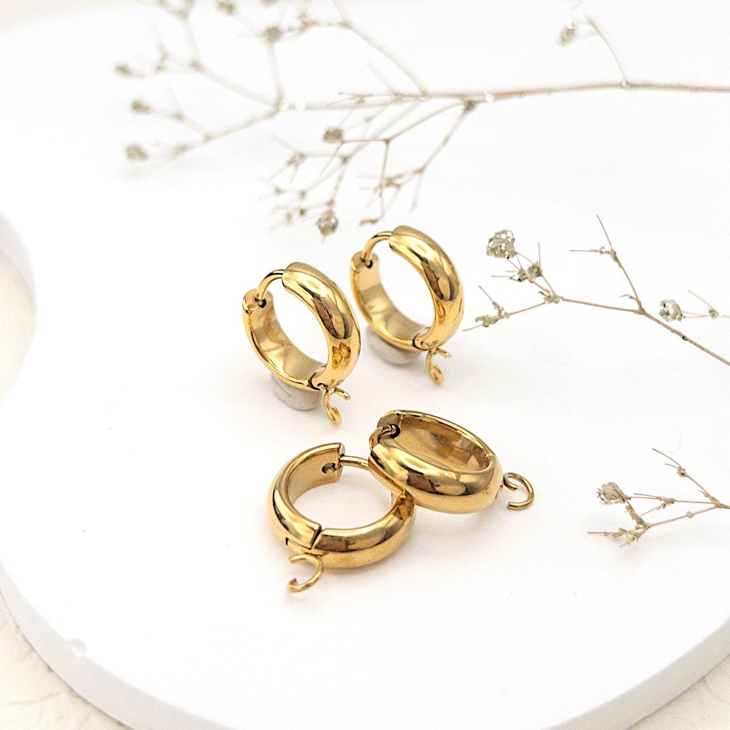Chunky Hoop Earring Findings, 10PCs+ Hypoallergenic Surgical Steel in Anti-tarnish 18K Gold PVD Plating, Hoop Earrings with Loop for DIY