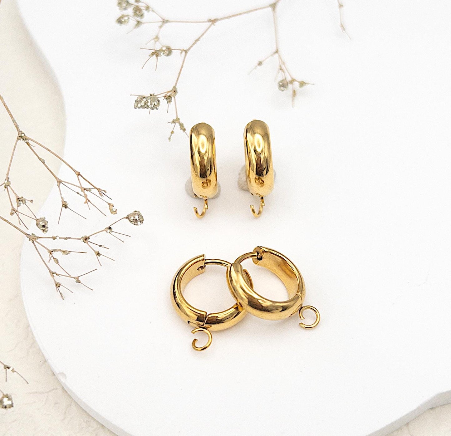 Chunky Hoop Earring Findings, 10PCs+ Hypoallergenic Surgical Steel in Anti-tarnish 18K Gold PVD Plating, Hoop Earrings with Loop for DIY