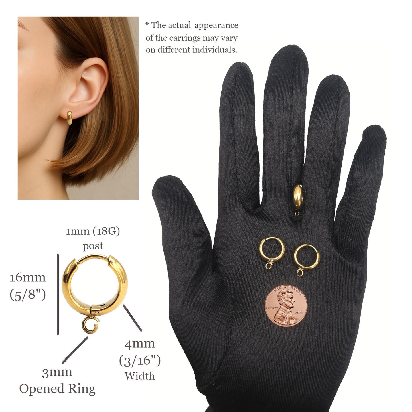 Chunky Hoop Earring Findings, 10PCs+ Hypoallergenic Surgical Steel in Anti-tarnish 18K Gold PVD Plating, Hoop Earrings with Loop for DIY