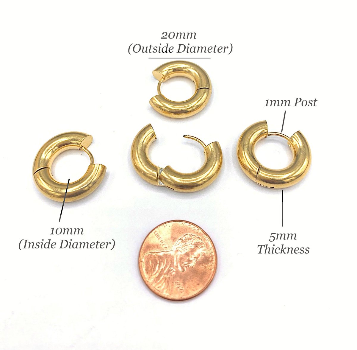 Chunky Huggie Hoop One-Touch Surgical Stainless Steel Earrings, PVD Plating Gold Hoop Earrings, Sleeper Earrings, Hypoallergenic (STER0028G) - UniqueBeadsNY