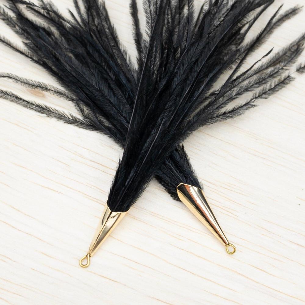 Ostrich Feather Jewelry Tassel Pendants in BLACK with Gold Cone Cap for Jewelry Making and Crafts, 2 PCs (FOC001-BK) - UniqueBeadsNY