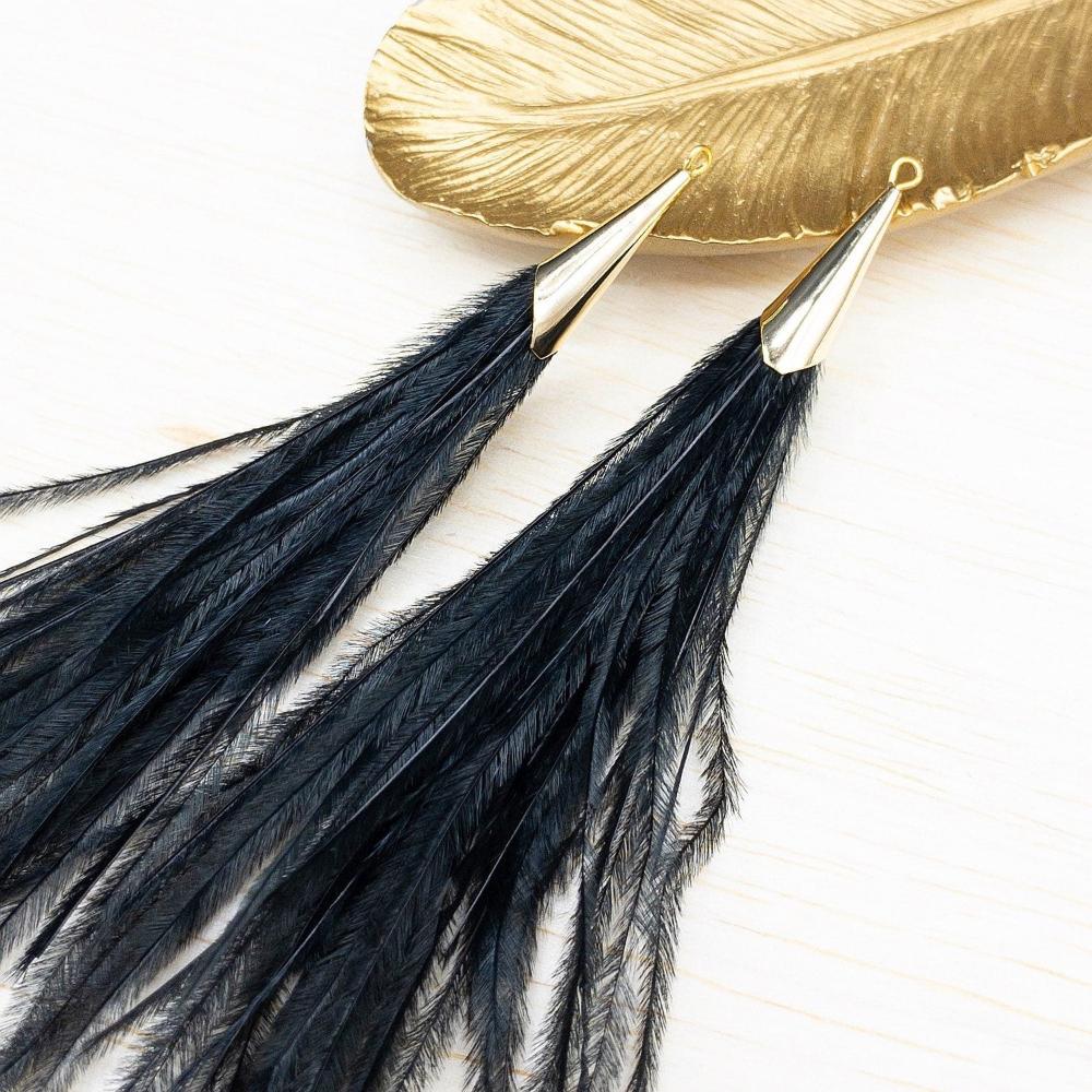 Ostrich Feather Jewelry Tassel Pendants in BLACK with Gold Cone Cap for Jewelry Making and Crafts, 2 PCs (FOC001-BK) - UniqueBeadsNY