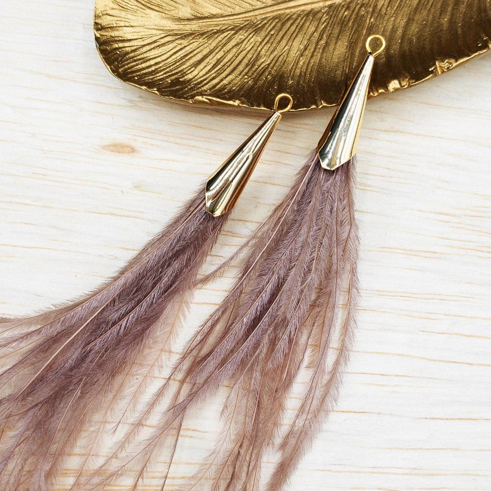 Ostrich Feather Jewelry Tassel Pendants in BROWN BLUSH with Gold Cone Cap for Jewelry Making and Crafts, 2 PCs (FOC001-BB) - UniqueBeadsNY