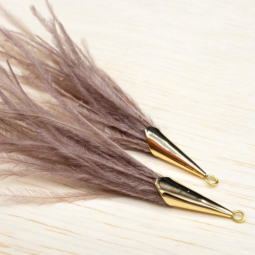 Ostrich Feather Jewelry Tassel Pendants in BROWN BLUSH with Gold Cone Cap for Jewelry Making and Crafts, 2 PCs (FOC001-BB) - UniqueBeadsNY