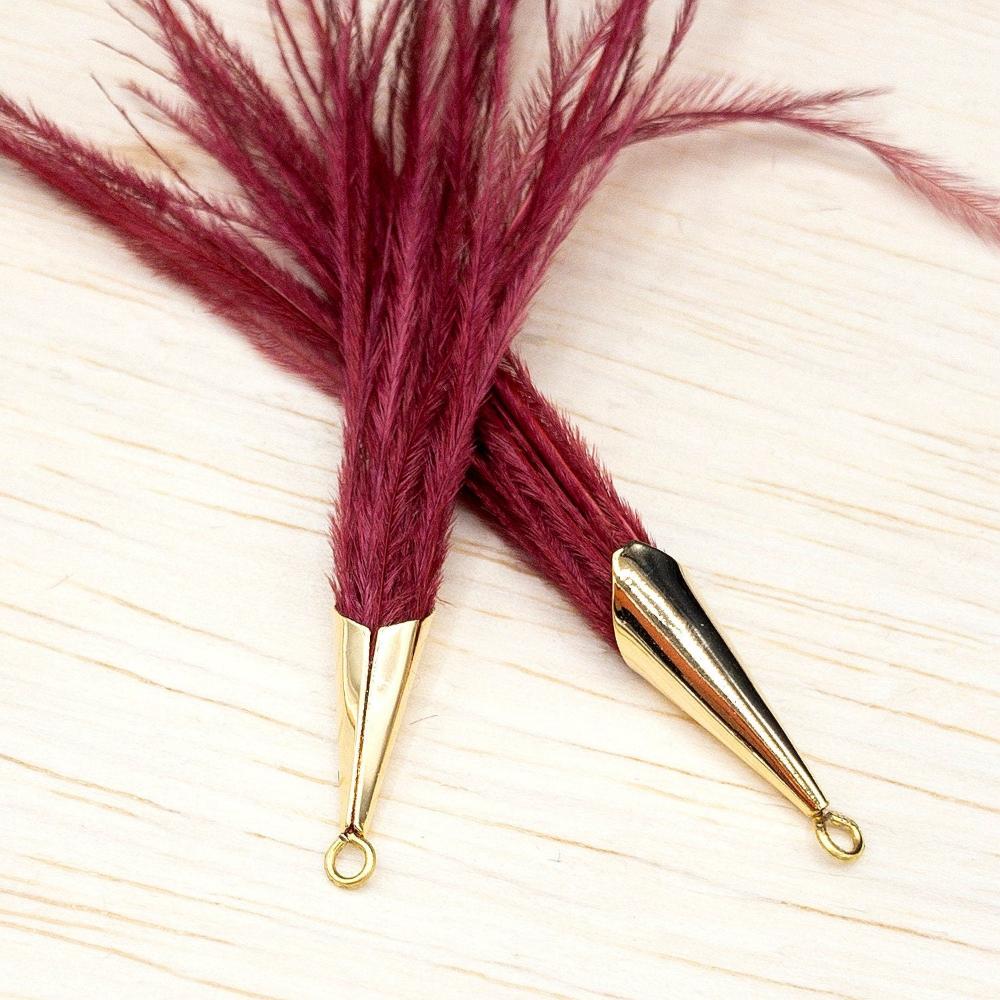 Ostrich Feather Jewelry Tassel Pendants in RED with Gold Cone Cap for Jewelry Making and Crafts, 2 PCs (FOC001-RD) - UniqueBeadsNY
