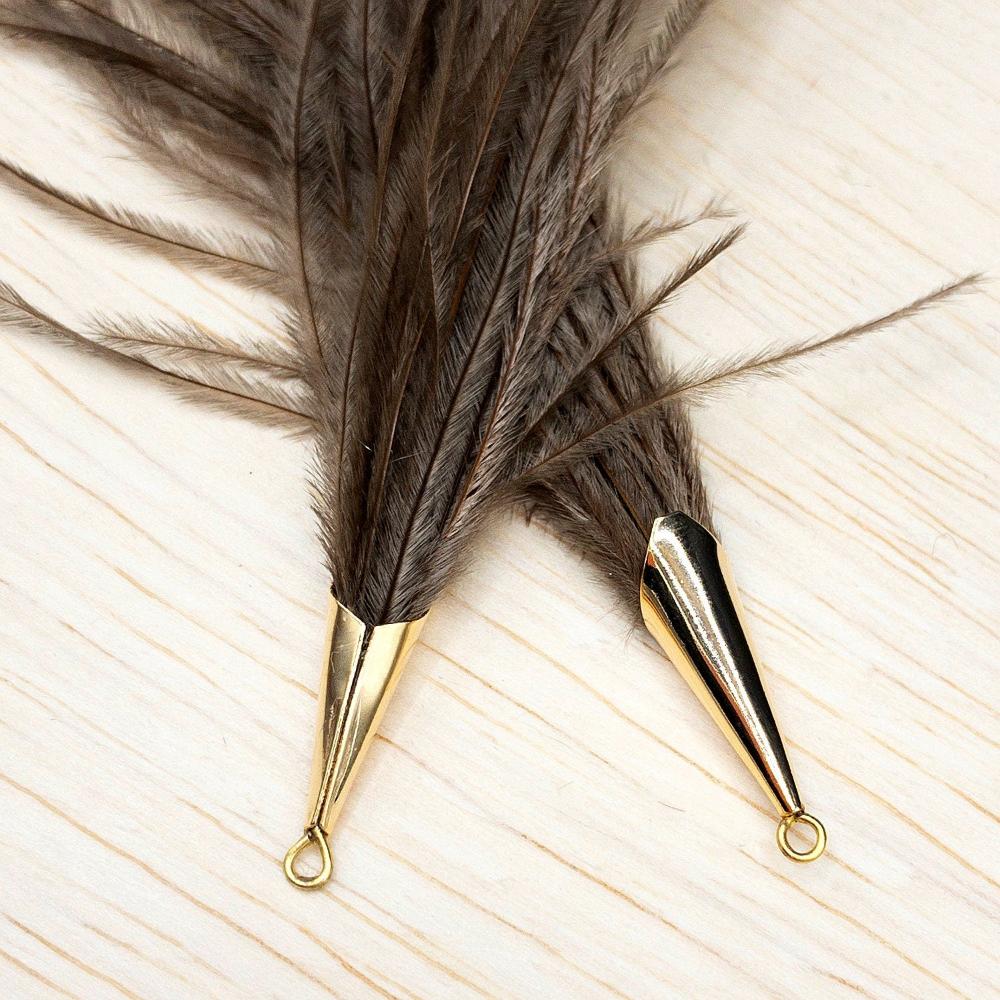Ostrich Feather Jewelry Tassel Pendants in BROWN with Gold Cone Cap for Jewelry Making and Crafts, 2 PCs (FOC001-BR) - UniqueBeadsNY