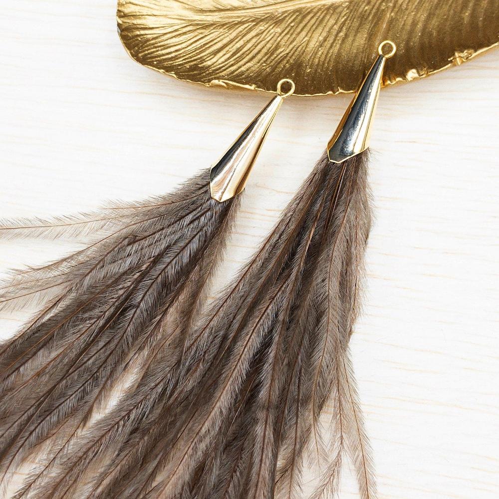 Ostrich Feather Jewelry Tassel Pendants in BROWN with Gold Cone Cap for Jewelry Making and Crafts, 2 PCs (FOC001-BR) - UniqueBeadsNY